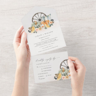 Rustic Fall Pumpkin Leafy Floral Wheel Wedding All In One Invitation