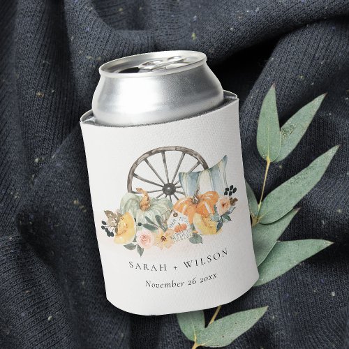 Rustic Fall Pumpkin Leafy Floral Wheel Wedding Can Cooler