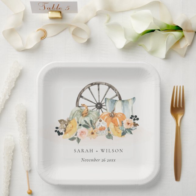 Rustic Fall Pumpkin Leafy Floral Wheel Wedding Paper Plates (Wedding)
