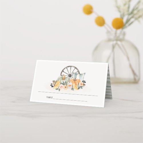 Rustic Fall Pumpkin Leafy Floral Wheel Wedding Place Card