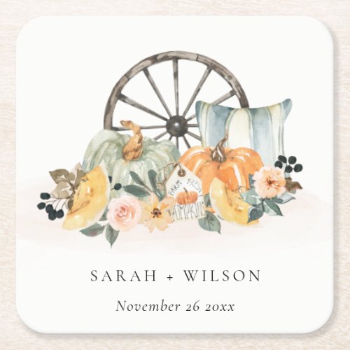 Rustic Fall Pumpkin Leafy Floral Wheel Wedding Square Paper Coaster