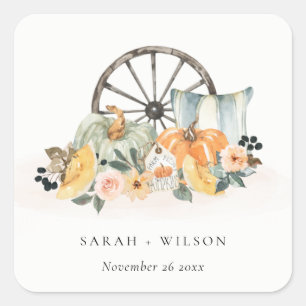 Rustic Fall Pumpkin Leafy Floral Wheel Wedding Square Sticker