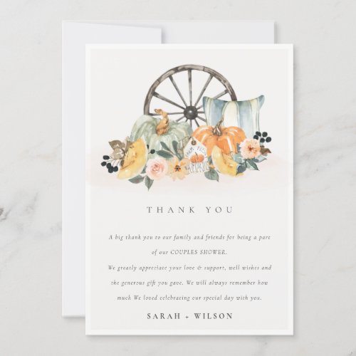 Rustic Fall Pumpkin Leafy Floral Wheel Wedding Thank You Card