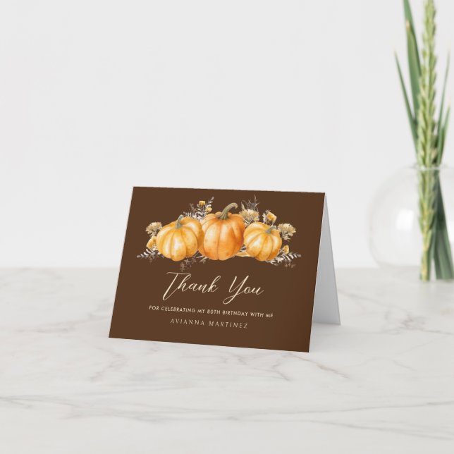 Rustic Fall Pumpkin Photo 80th Birthday Folded Letterpress Thank You Card (Front)
