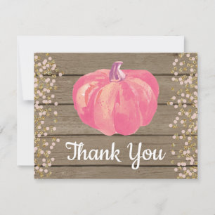 Rustic Fall Pumpkin Pink Gold Glitter Confetti Thank You Card