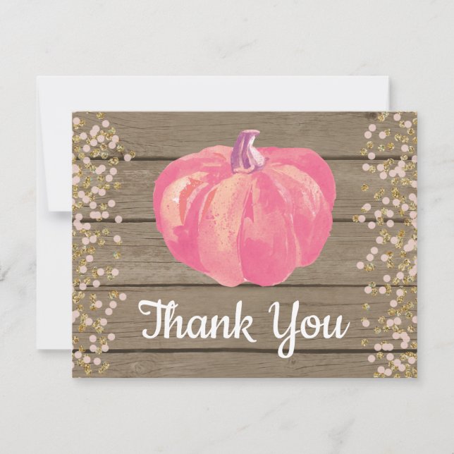 Rustic Fall Pumpkin Pink Gold Glitter Confetti Thank You Card (Front)