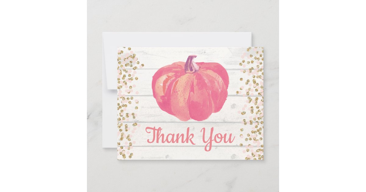 Rustic Fall Pumpkin Pink Gold Glitter Confetti Thank You Card | Zazzle