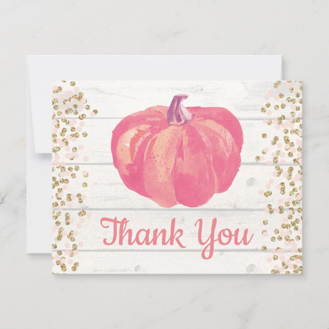 Rustic Fall Pumpkin Pink Gold Glitter Confetti Thank You Card (Front)