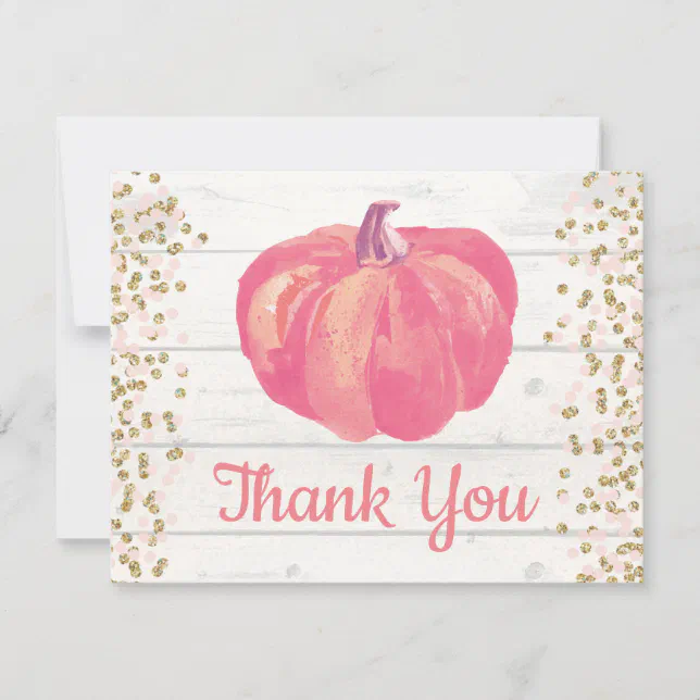 Rustic Fall Pumpkin Pink Gold Glitter Confetti Thank You Card | Zazzle