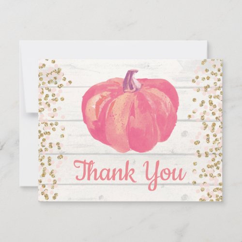 Rustic Fall Pumpkin Pink Gold Glitter Confetti Thank You Card