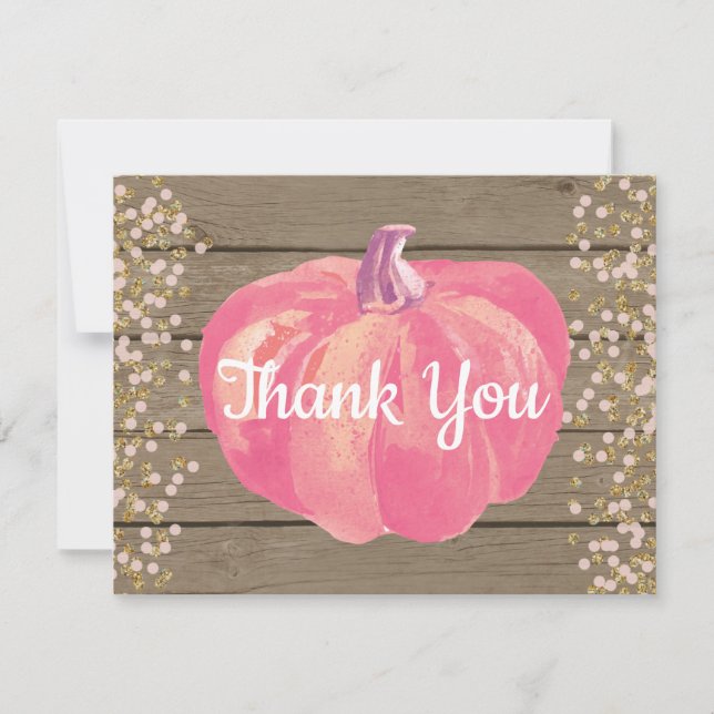 Rustic Fall Pumpkin Pink Gold Glitter Thank You Card (Front)