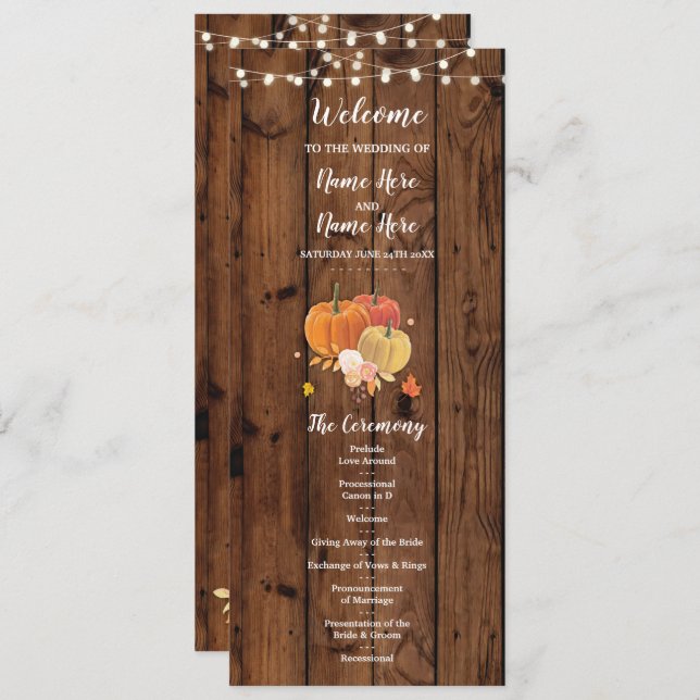 Rustic Fall Pumpkin Wood Wedding Program Details (Front/Back)