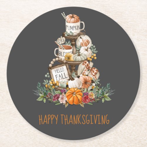 Rustic Fall Pumpkins Happy Thanksgiving Black Roun Round Paper Coaster