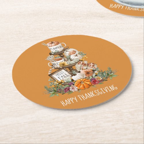 Rustic Fall Pumpkins Happy Thanksgiving Orange  Cl Round Paper Coaster