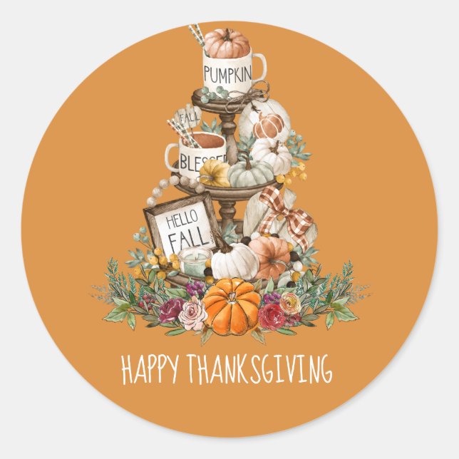 Rustic Fall Pumpkins Happy Thanksgiving Orange  Classic Round Sticker (Front)