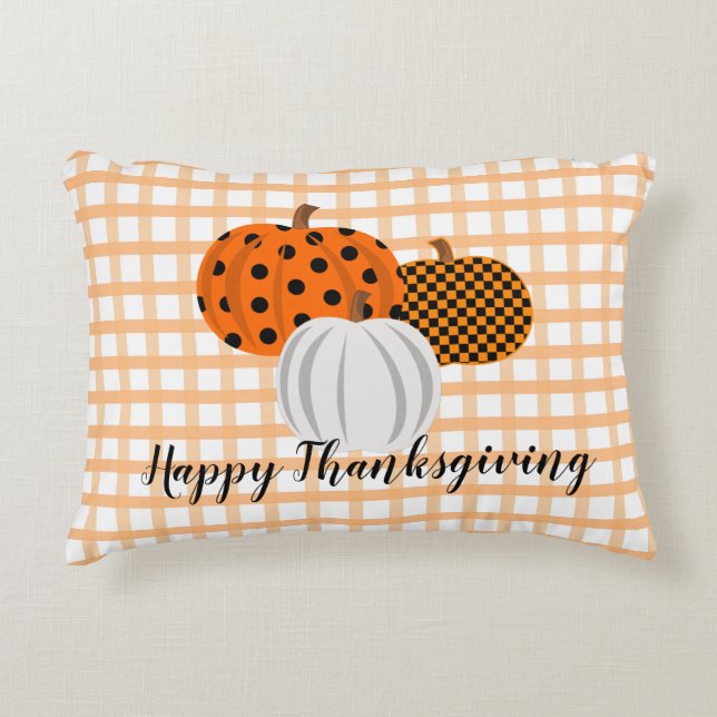 Rustic Fall Pumpkins Happy Thanksgiving Plaid Accent Pillow (Front)