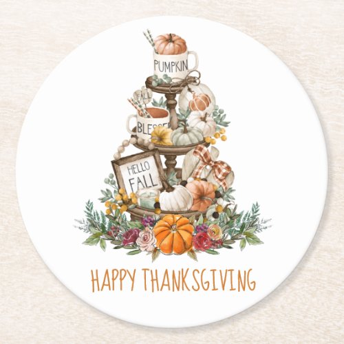 Rustic Fall Pumpkins Happy Thanksgiving Round Paper Coaster