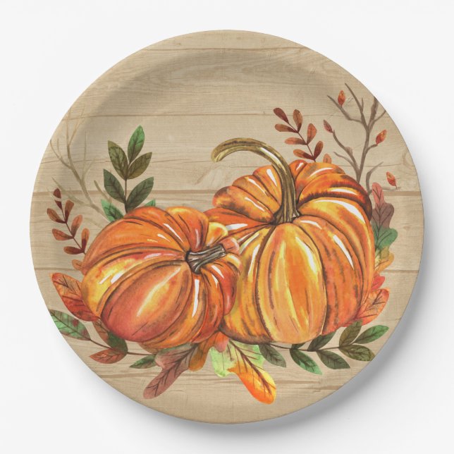 Rustic Fall Pumpkins Leaves Paper Plates (Front)