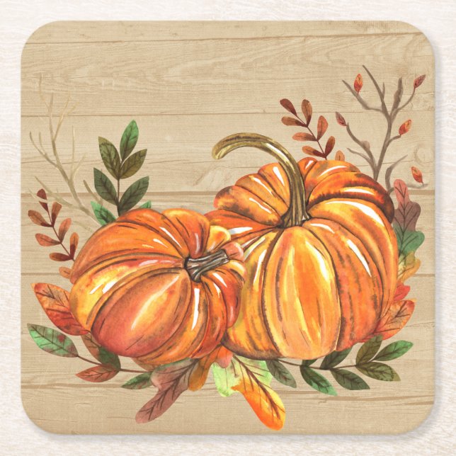 Rustic Fall Pumpkins Leaves Square Paper Coaster (Front)