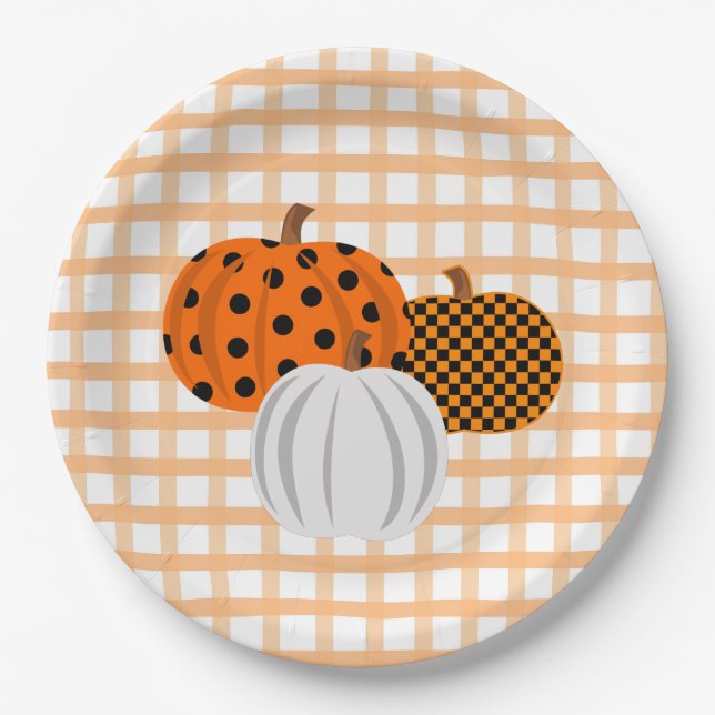 Rustic Fall Pumpkins Orange Plaid Thanksgiving Paper Plates (Front)
