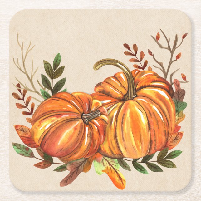 Rustic Fall Pumpkins Square Paper Coaster (Front)