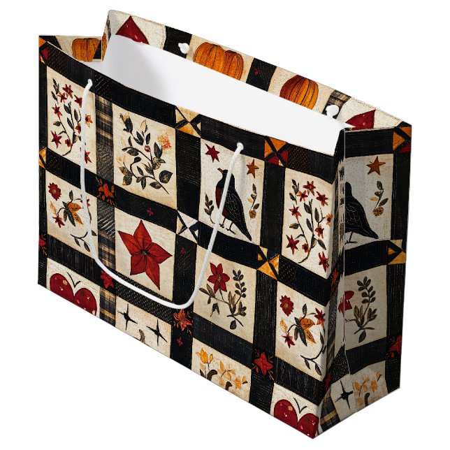Rustic Fall Quilt Pattern | Farmhouse Patchwork Large Gift Bag (Front Angled)