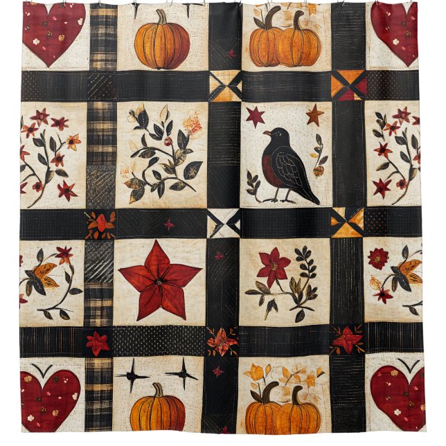 Rustic Fall Quilt Pattern | Farmhouse Patchwork Shower Curtain (Front)