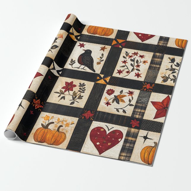 Rustic Fall Quilt Pattern | Farmhouse Patchwork Wrapping Paper (Unrolled)