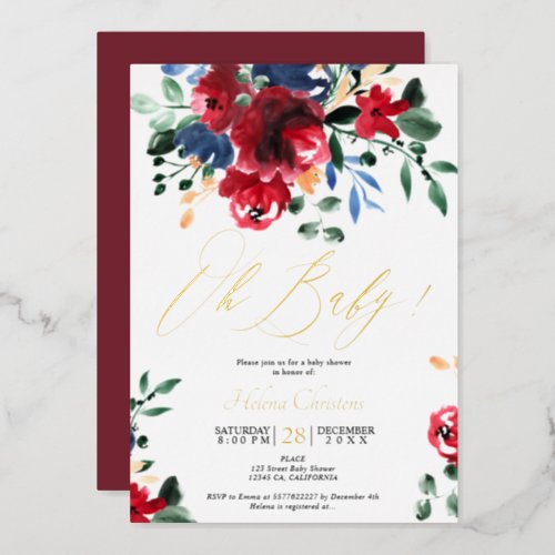 Rustic fall red navy floral watercolor baby shower foil invitation