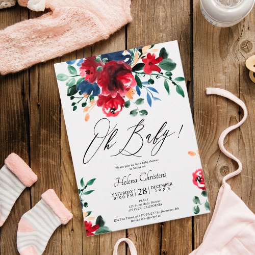Rustic fall red navy floral watercolor baby shower invitation