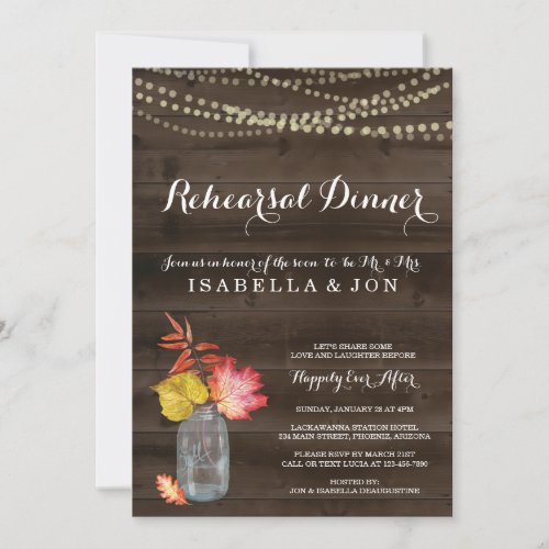 Rustic Fall Rehearsal Dinner Invitation - Fall in love. . . .  Hand drawn Watercolor fall leaves and mason jar complement the season beautifully.