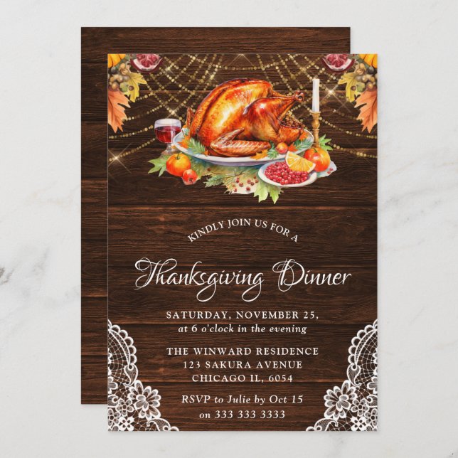 Rustic Fall Roasted Turkey Wood Thanksgiving Invitation (Front/Back)