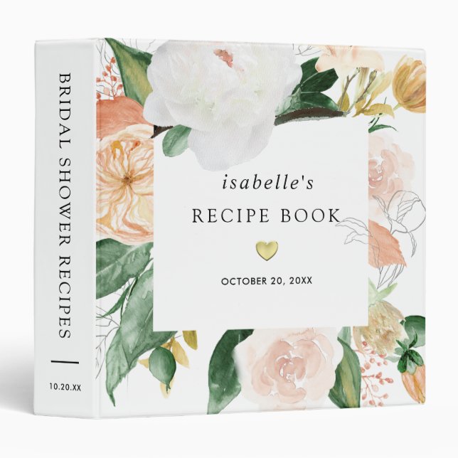 Rustic Fall Rose Floral Bridal Shower Recipe Book 3 Ring Binder (Front/Spine)