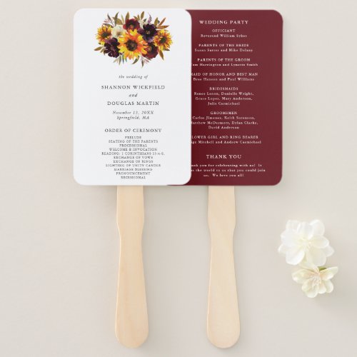 Rustic Fall Roses Sunflower Wedding Program Hand Fan