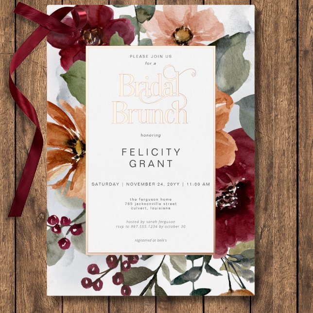 Rustic Fall Rust & Burgundy Floral Bridal Brunch Foil Invitation (Rustic Fall Rust & Burgundy Floral Bridal Brunch Foil Invitation)