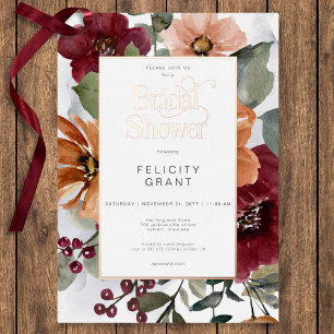 Rustic Fall Rust & Burgundy Floral Bridal Shower Foil Invitation