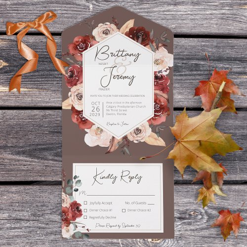 Rustic Fall Rust Floral on Brown Dinner All In One Invitation