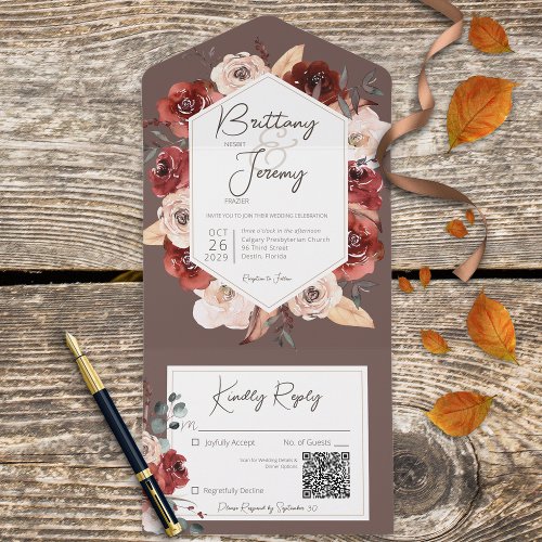 Rustic Fall Rust Floral on Brown QR Code All In One Invitation