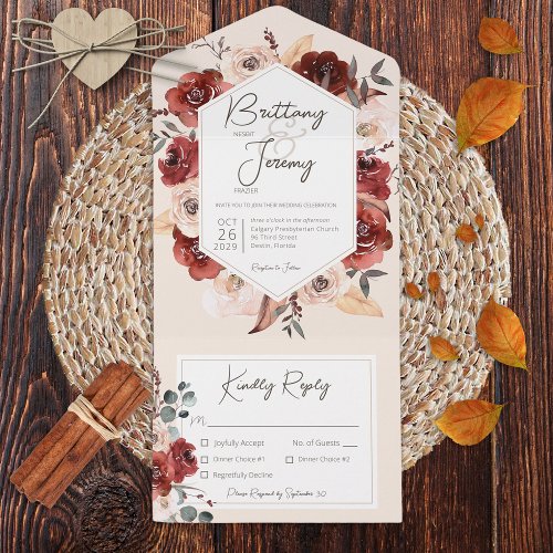 Rustic Fall Rust Floral on Cream Dinner All In One Invitation