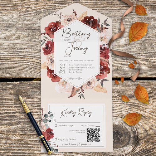 Rustic Fall Rust Floral on Cream QR Code All In One Invitation