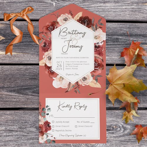 Rustic Fall Rust Floral on Rust Dinner All In One Invitation
