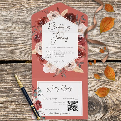 Rustic Fall Rust Floral on Rust QR Code All In One Invitation