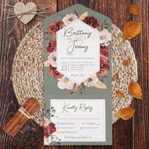 Rustic Fall Rust Floral on Sage Green Dinner All In One Invitation