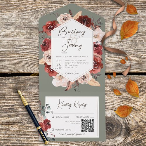 Rustic Fall Rust Floral on Sage Green QR Code All In One Invitation