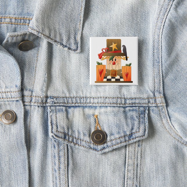 Rustic Fall Scarecrow with Pumpkins and Crow  Button (Creator Uploaded)