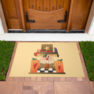 Rustic Fall Scarecrow with Pumpkins and Crow  Doormat