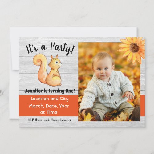 Rustic Fall Squirrel Watercolor Birthday Party Invitation