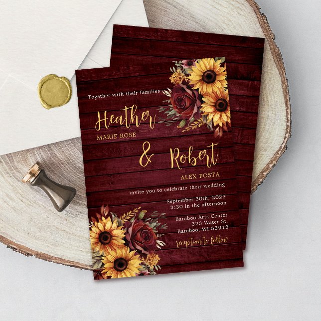 Rustic Fall Sunflower Burgundy Wedding Invitation (Creator Uploaded)