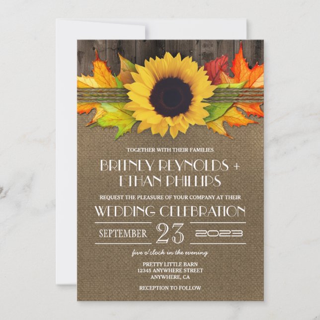 Rustic Fall Sunflower + Burlap Wedding Invitations (Front)