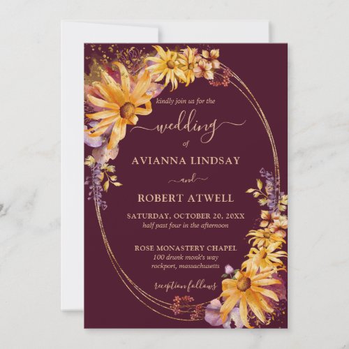 Rustic Fall Sunflower Floral Burgundy Gold Wedding Invitation